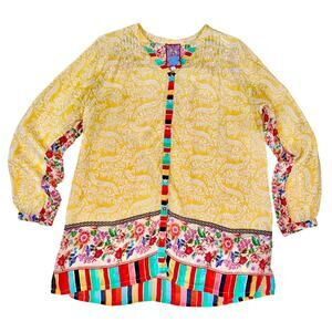 Johnny Was Millamo Blair Tunic L Yellow Floral Mixed Print Cupra Rayon Boho